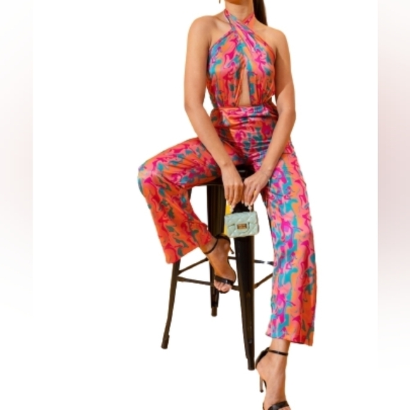 Stylecast halterneck abstract printed wrap multicolor sleeveless  jumpsuit - Picture 1 of 10